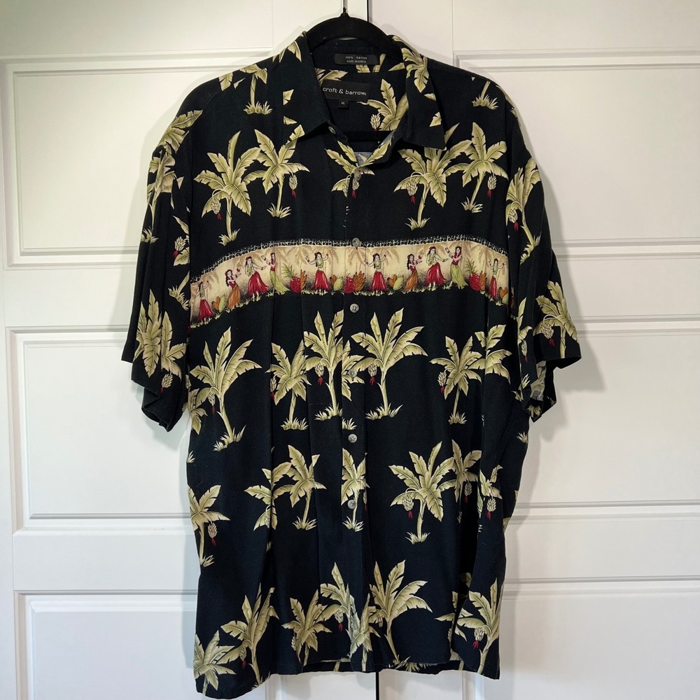 Croft & Barrow Hawaiian Shirt XL Black Palm Tree Hula Dancer Rayon